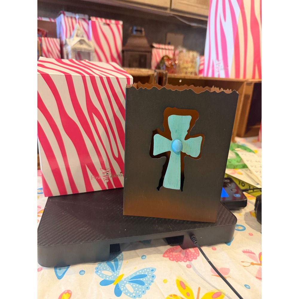 Pink Zebra Simmer Shade Metal Rustic Brown Turquoise Cross Cutout PZ-44